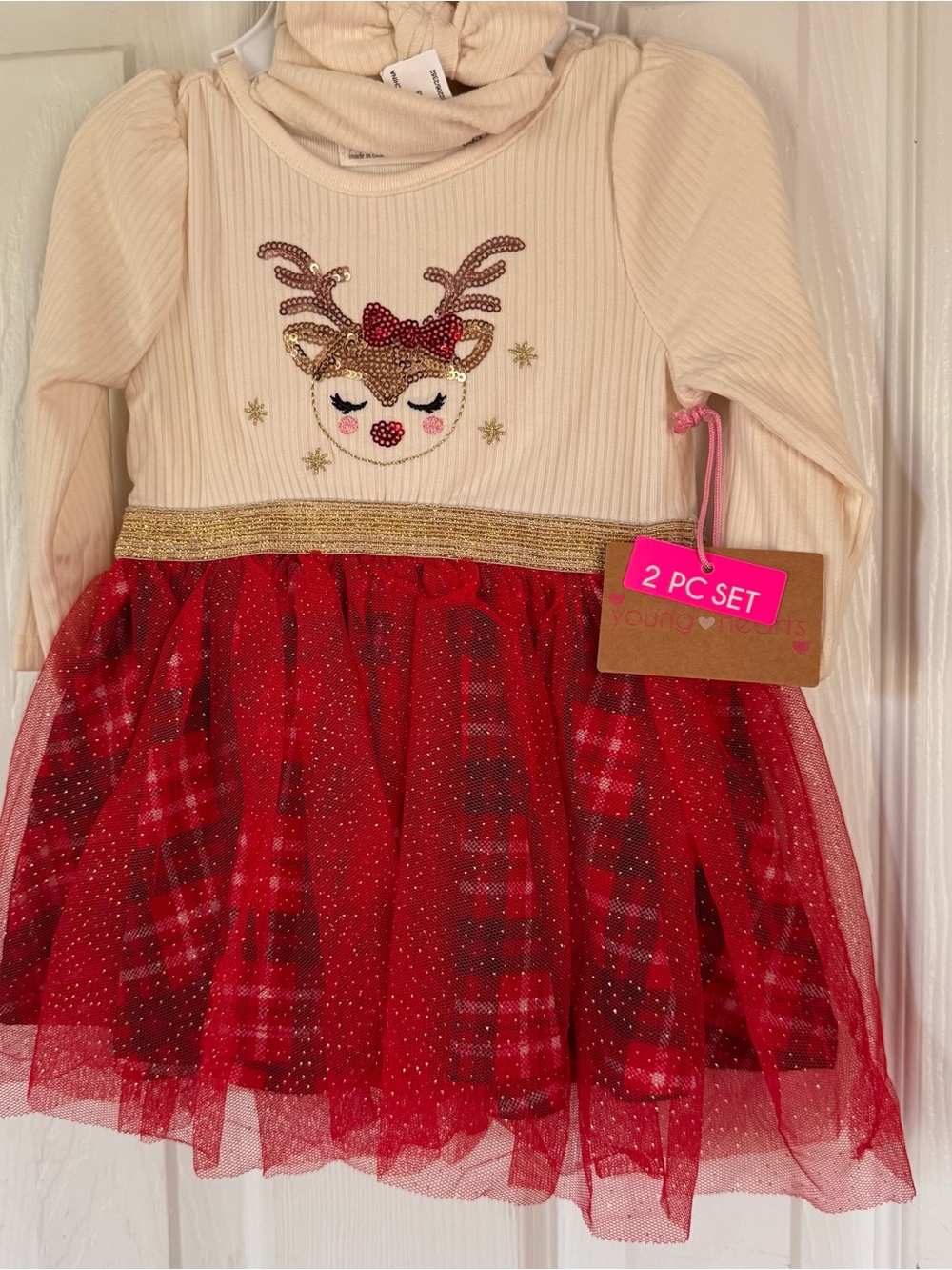 Sequin Reindeer Red Gold Holiday Plaid Tulle Dress baby young💗hearts glitter
